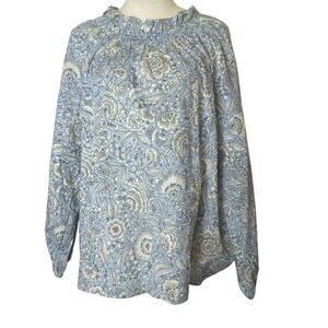 Blue Floral Smocked Neck Peasant Blouse  Boho Cottagecore Long Sleeve Top